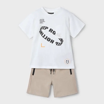 Mayoral Комплект трико distance с бяла тениска и бежови спортни панталони за мини момче Майорал