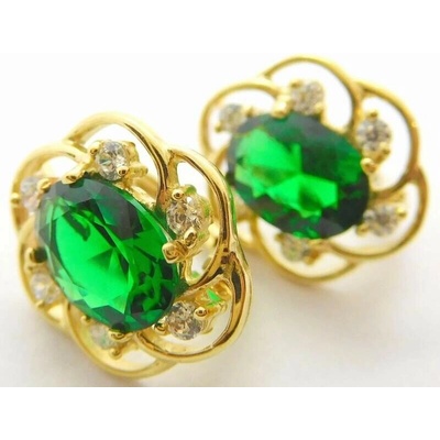 Klenoty Budín Dámské klasické zlaté náušnice se zelenými smaragdy a zirkony 585/2,81gr HK2346