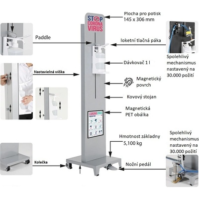 MT DISPLAYS Stojan na dezinfekci s nožním ovládáním P-UHTDSG2000x2000 – Zboží Dáma