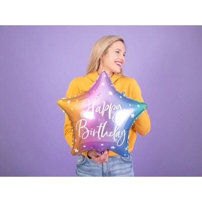 PartyDeco Balonek fóliový Happy Birthday hvězda barevná 40 cm