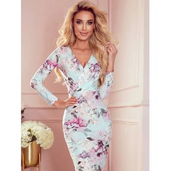 Numoco Прилепнала рокля с деколте тип "молив" и дълги ръкави - синя с розови цветя Numoco numoco | Sin | ЖЕНИ | XS