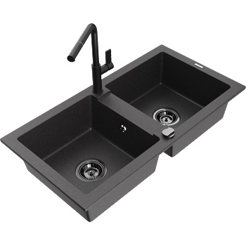 Mexen Mario гранитна мивка с 2 отделения с кухненски смесител Flora, черен напетен - 6504-76-670401-70-B (6504-76-670401-70-B)