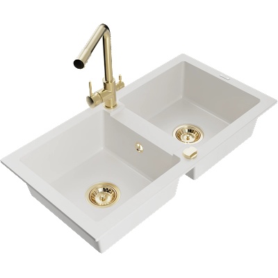 Mexen Mario гранитна мивка с 2 камери и кухненски смесител Duero, бял - 6504-20-671600-50 (6504-20-671600-50)