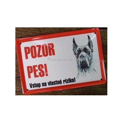 Plechová ceduľa pozor pes - Nemecká doga 150x100mm červená