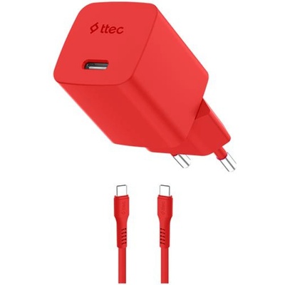 Ttec Зарядно 220V ttec SmartCharger GAN 20W PD Travel Fast Charger + USB-C - USB-C Cable 120cm - Червено