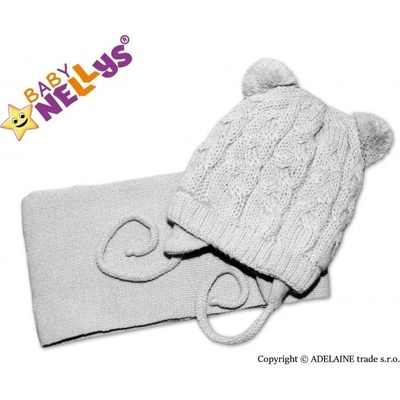 Baby Nellys Zimná pletená čiapočka s šálom Mimi Bear sivá s brmbolcami