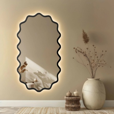 Alfaram Oválne zrkadlo v vlnitom ráme z MDF s podsvietením – AQUARELLE ELORA LED 60x108