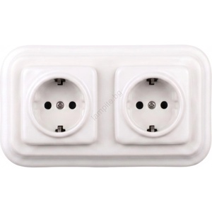 Elhard - Двойна керамична ретро розетка за дома с рамка SCHUKO 230V бяла (EF0016B)