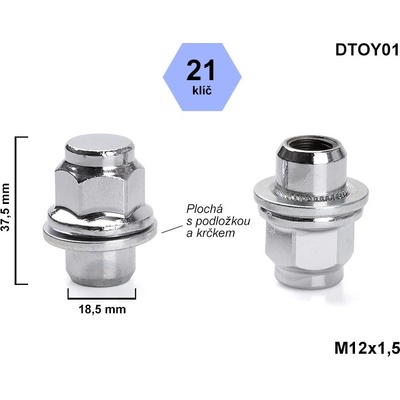 Kolová matice M12x1,5 zavřená, plochá podložka, Toyota, klíč 21, DTOY01, výška 37,5 mm