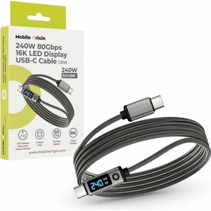 Mobile Origin Здрав кабел с LED дисплей и бързо зареждане за устройства с USB-C порт - Mobile Origin CB18 LED Display USB-C to USB-C Cable PD 240W, 80Gbps, 8K 60Hz (150 см) (MO-LDU-CB18)