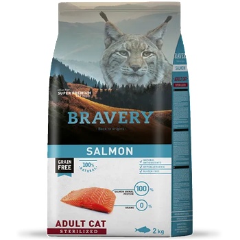 Bravery salmon cat adult sterilised, натурална, хипоалергенна храна, БЕЗ ЗЪРНО за пораснали кастрирани котки от всички породи над 1 година, със сьомга, подходяща и за котки с наднормено тегло, Испания - 2 кг