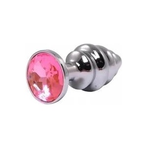 Fantasy by Cottelli Silver small ribbed butt plug with pink crystal