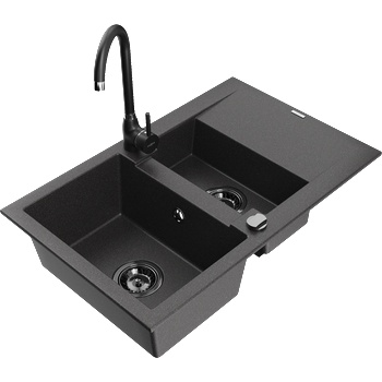 Mexen Gaspar гранитна мивка 1, 5-камерна със сушилник и кухненски смесител Telma, черен на пръски - 6507-76-670200-70-B (6507-76-670200-70-B)