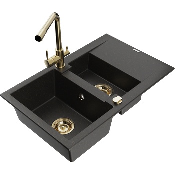 Mexen Gaspar гранитна мивка 1, 5-коморна с отцедник и кухненски смесител Duero, черно/златист металик - 6507-75-671600-50 (6507-75-671600-50)