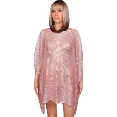 Мрежеста плажна туника в розово с ламе и ресни