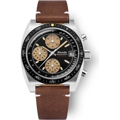 Nivada Grenchen Autochron Mecaquartz Brown Leather White Stitching
