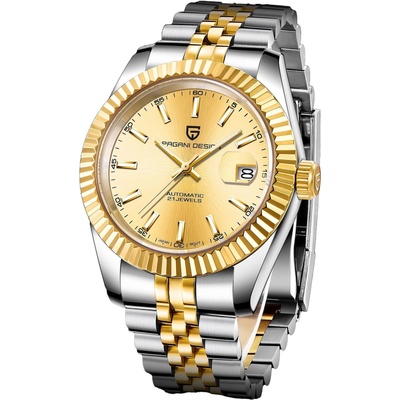 Pagani Design Мъжки часовник Pagani Design Krypsis, Автоматичен, Неръждаема стомана, Розово злато / Сребрист (PD-1645-LINE-GOLD-WHITE)