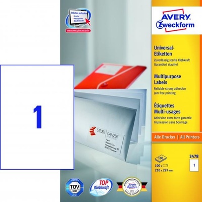 Avery-Zweckform 3478 210 x 297 mm papier biela 100 ks trvalé univerzálne etikety atrament, laser, kópie; 3478
