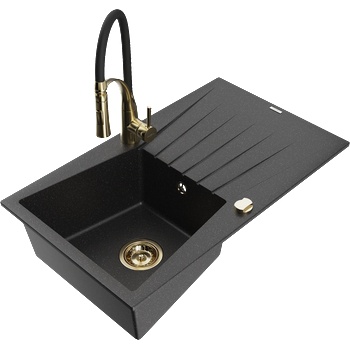 Mexen Cesar гранитна мивка с 1 отделение с отцедник и кухненски смесител Aster, черен/сребрист металик - 6514-73-73450-57-G (6514-73-73450-57-G)