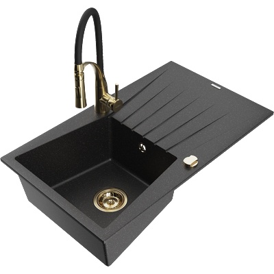 Mexen Cesar гранитна мивка с 1 отделение с отцедник и кухненски смесител Aster, черен/сребрист металик - 6514-73-73450-57-G (6514-73-73450-57-G)