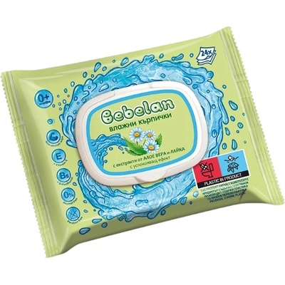 Bebelan, влажни кърпички с алое вера и лайка, успокояващ ефект, 24 бр