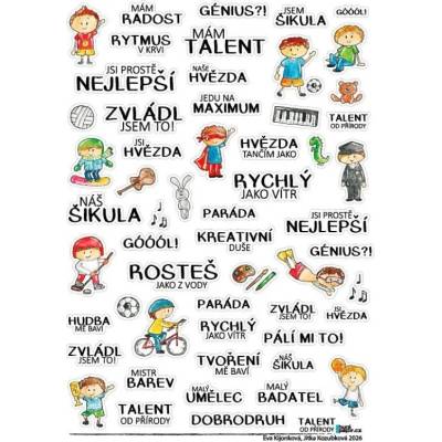 Písmena čísla samolepky s texty HuráPapír Samolepky průhledné A4 Talent od přírody kluk