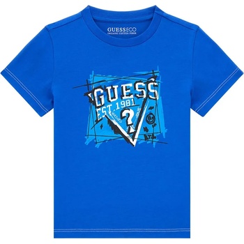 GUESS Мастилено синя блуза с къс ръкав за мини момче с лого в бяло и светло синьо Guess