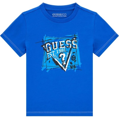 GUESS Мастилено синя блуза с къс ръкав за мини момче с лого в бяло и светло синьо Guess