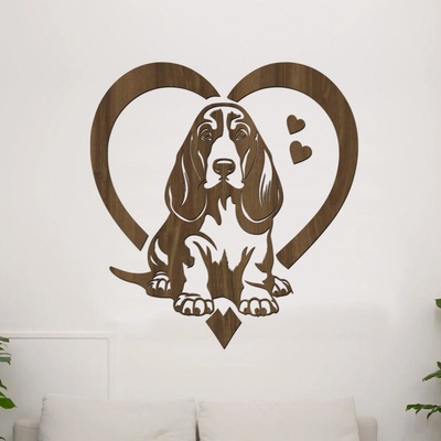 dřevo života Dřevěná samolepka Basset Hound v srdci Rozměry (cm): 75x80, Zvolte barvu dekoru: Ořech