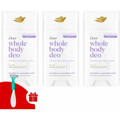 Dove Celotelový Lavender & Chamomile deodorant stick 3 x 75 ml + Dove holiaci strojček