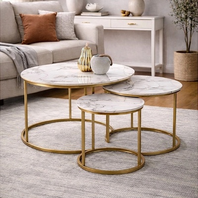 ЕВРОМАР Комплект три холни маси gilda бял мрамор / златно