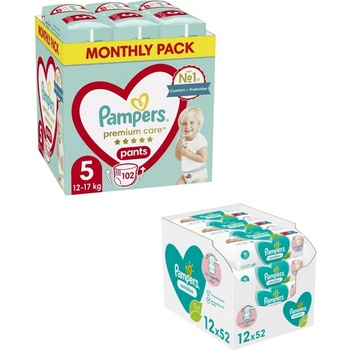 Pampers Пелени гащи Pampers Premium Care - Monthly pack, Размер 5, 102 броя + мокри кърпички Sensitive, 12 x 52 броя (TYBB0095106N)