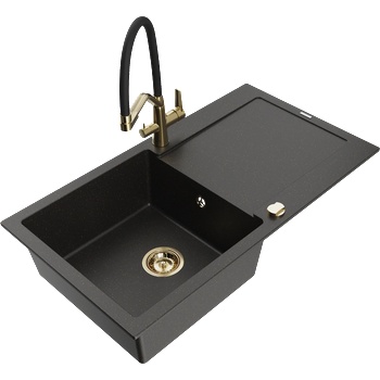 Mexen Leo гранитна мивка с 1 отделение и отцеждач и кухненски смесител Duo, черен/златен металик - 6501-75-671701-57-G (6501-75-671701-57-G)