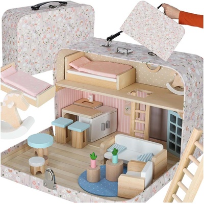 KIK Domeček pro panenky v doplňcích kufřík dřevěný nábytek