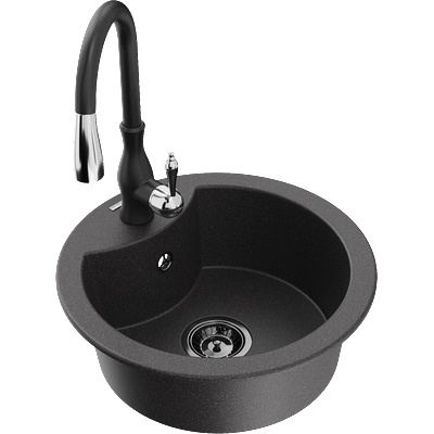 Mexen Diego кухненска мивка от гранит с една камера с кухненски смесител Savita, черен на пръски - 6512-76-672601-70-B (6512-76-672601-70-B)