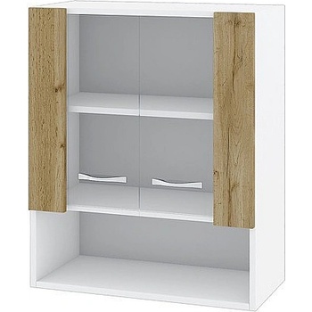ИРИМ Горен шкаф с две витринни врати и ниша Сити БДД-9 бяло гладко / дъб дакота 60 см