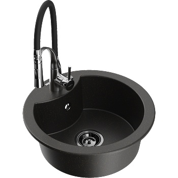 Mexen Diego еднокамерен гранитен мивка с кухненска батерия Aster, черно/златен металик - 6512-75-73450-07-B (6512-75-73450-07-B)