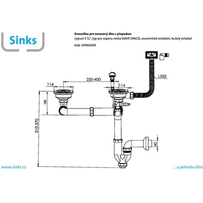 Dvousifon 3 1/2" pro nerez. dřezy s úsporou místa a s exc. ovladačem (kulatý)