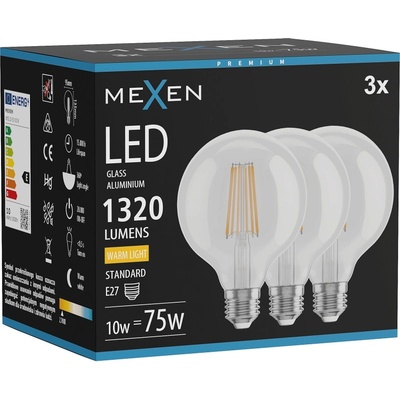 Mexen Vintis 3x LED филамент крушка E27, G95, 10W, Топла - 2700K, 1320 lm, прозрачна (L157-E27-1027-00x03)