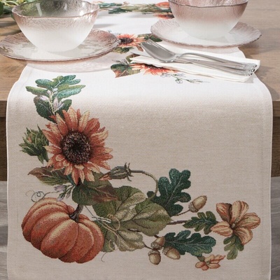 Takoy Gobelínový běhoun na stůl v přírodním oranžovém provedení, 45x140 cm, zdobený motivem slunečnic a dýní.-HF-479046 | 45 x 140 cm