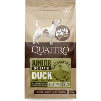 Quatro Small Breed - Пълноценна храна за подрастващи кученца от малки породи от 2 до 12 месеца с патешко месо, 1.5 кг