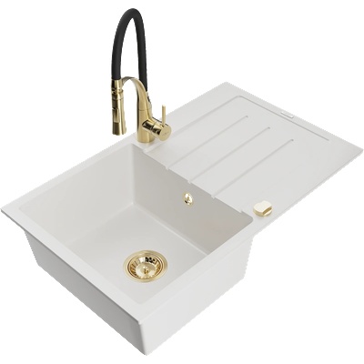 Mexen Bruno гранитна мивка с 1 отделение с отцедник и кухненски смесител Aster, бял - 6513-20-73450-57-G (6513-20-73450-57-G)