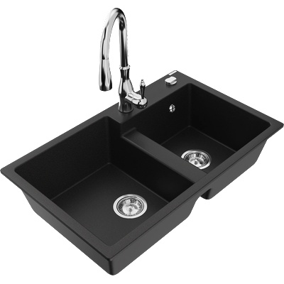 Mexen Tomas гранитна мивка с 2 камери и кухненски смесител Savita, черен - 6516-77-672601-00 (6516-77-672601-00)
