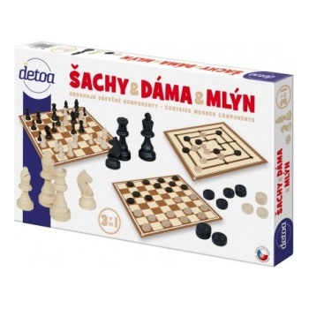 Detoa Šachy dáma mlýn dřevěné figurky a kameny společenská hra v krabici 35 x 23 x 4 cm 33014213-XG