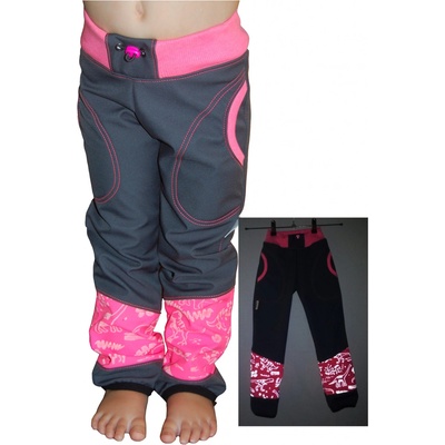 Dosupliku Dětské softshellové kalhoty REFLEXNÍ dinosauři růžová šedá s neonově růžovou širší softshell