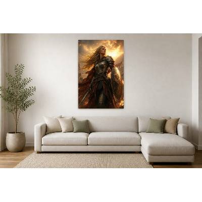 Obraz na plátně – Obrněná postava v ohnivé záři 90 × 135 cm