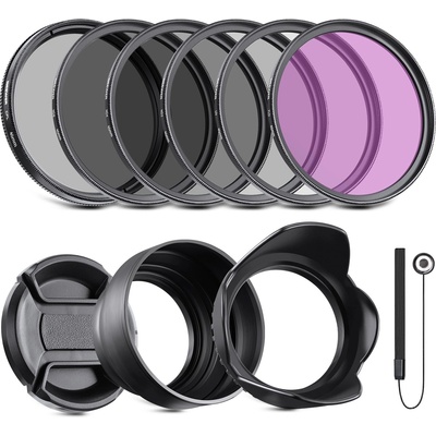 NEEWER lens filter set 46 mm UV CPL and ND filters (ND2, ND4, ND8) FLD filter, tulip-shaped aperture, collapsible rubber aperture, filter bag, seat belt and cleaning cloth - NW