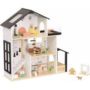 Tooky toy Tooky Toy: Двуетажна дървена къща за кукли с тераса (TP549)