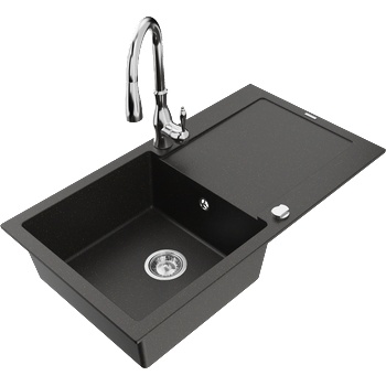 Mexen Leo гранитна мивка с 1 отделение, отцеждач и кухненски смесител Savita, черен/златист металик - 6501-75-672601-00 (6501-75-672601-00)