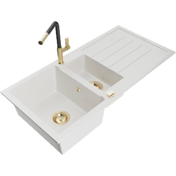 Mexen Andres гранитна мивка 1, 5-коморна с отцедник и кухненски смесител Flora, бял - 6515-20-670401-57-G (6515-20-670401-57-G)